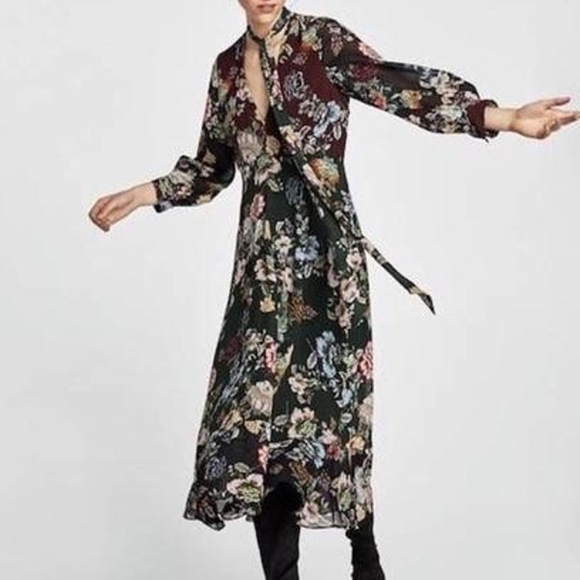Zara floral tie neck long sleeve midi dress size extra large - Picture 2 of 7